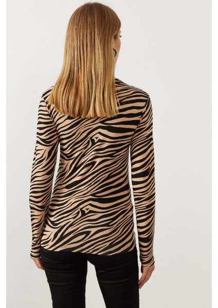 Kadın Camel-Siyah Yarım Balıkçı Zebra Desen Bluz LPP1133 modelleri