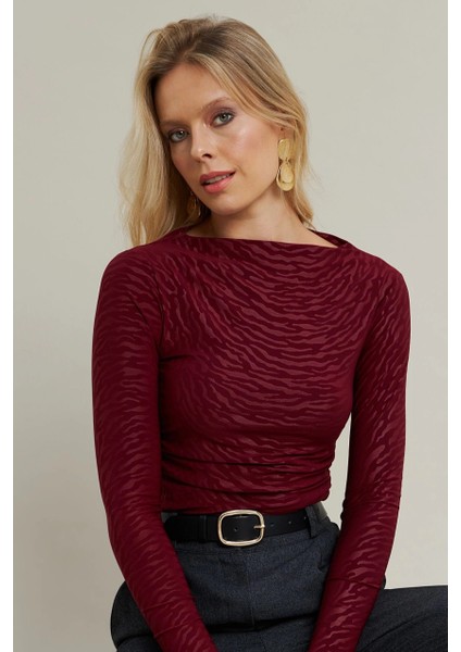 Kadın Bordo Desenli Büzgülü Bluz LPP1298