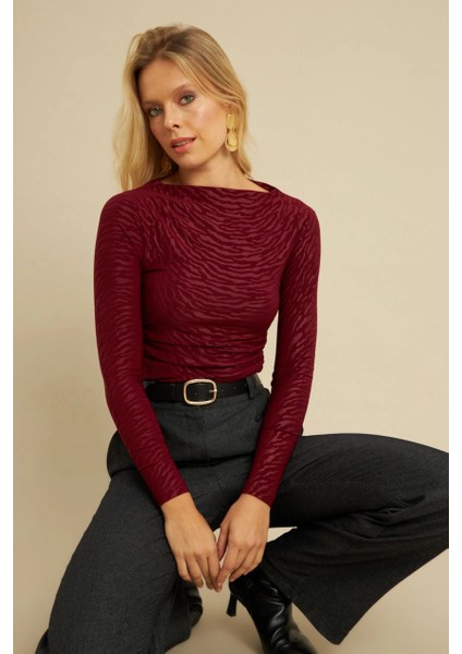 Kadın Bordo Desenli Büzgülü Bluz LPP1298 indirimleri