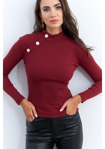 Kadın Bordo Düğme Aksesuarlı Kaşkorse Bluz EY2579 modelleri