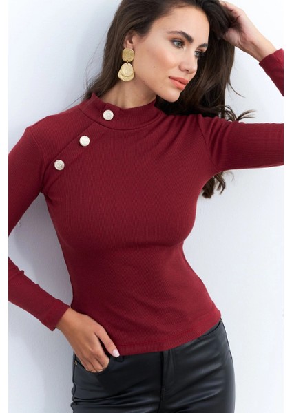 Kadın Bordo Düğme Aksesuarlı Kaşkorse Bluz EY2579 fırsatları