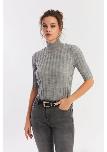 Kadın Gri Yarım Balıkçı Triko Bluz YV287 modelleri