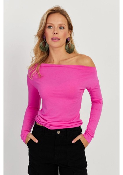 Kadın Fuşya Kayık Yaka Bluz LPP1254