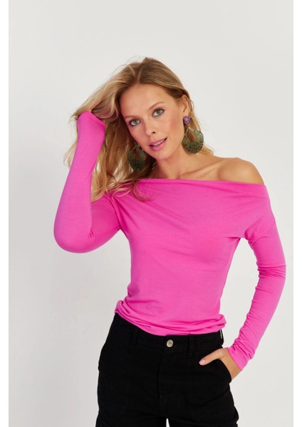Kadın Fuşya Kayık Yaka Bluz LPP1254 modelleri