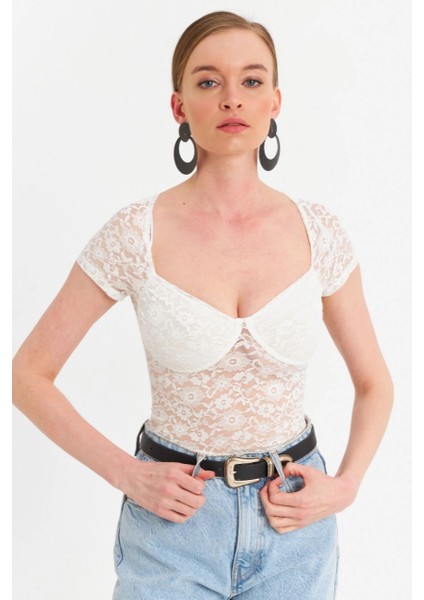 Kadın Ekru Kalp Yaka Tül Crop Bluz TPG05 modelleri