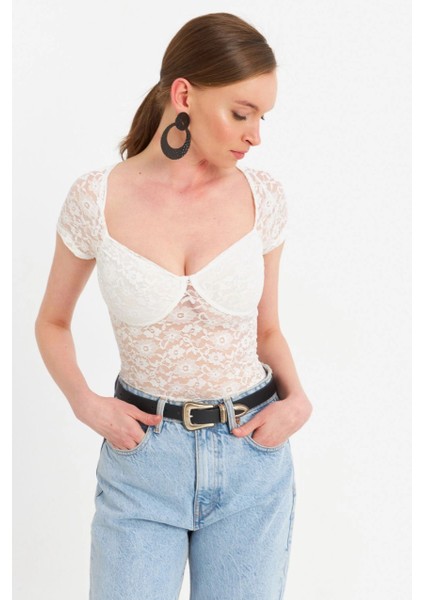 Kadın Ekru Kalp Yaka Tül Crop Bluz TPG05 fırsatları