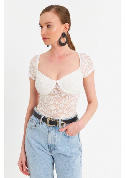 Kadın Ekru Kalp Yaka Tül Crop Bluz TPG05 indirimleri