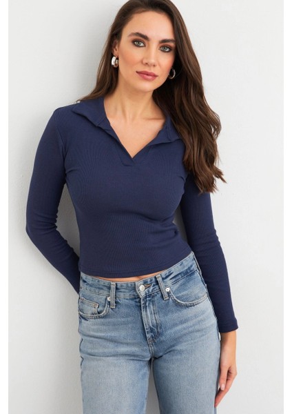 Kadın Lacivert Polo Yaka Kaşkorse Bluz LON3006