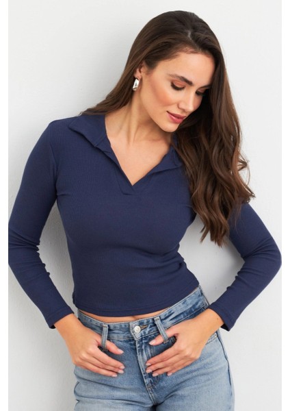 Kadın Lacivert Polo Yaka Kaşkorse Bluz LON3006 fırsatları