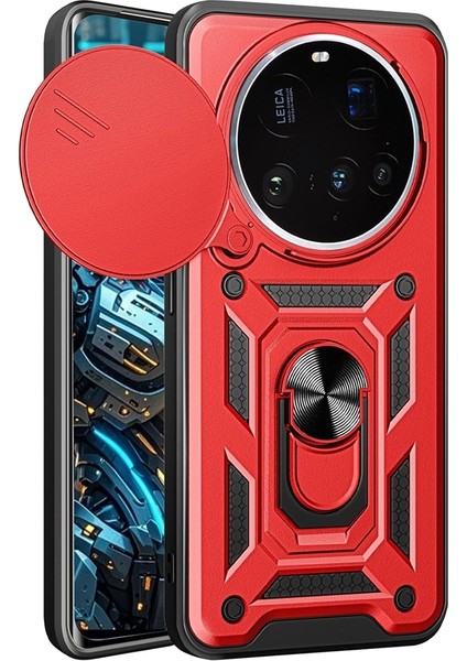 Xiaomi 15 Ultra Uyumlu Kılıf Pars Sürgülü Kamera Korumalı Yüzüklü Sert Silikon Kırmızı