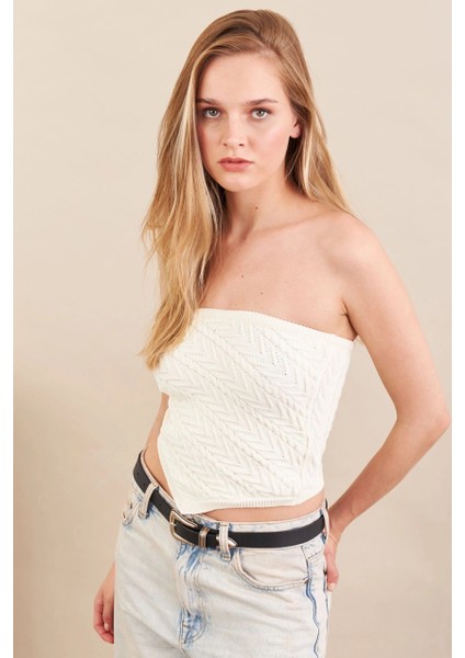 Kadın Ekru Straplez Triko Crop Bluz ZH049