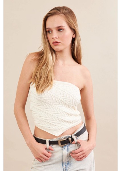 Kadın Ekru Straplez Triko Crop Bluz ZH049 modelleri
