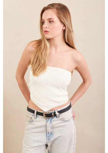 Kadın Ekru Straplez Triko Crop Bluz ZH049 fırsatları
