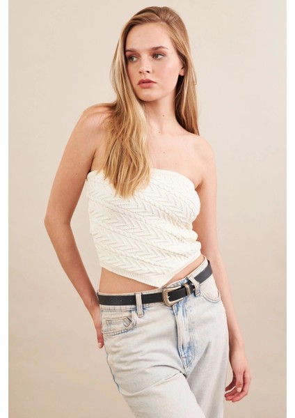 Kadın Ekru Straplez Triko Crop Bluz ZH049 indirimleri