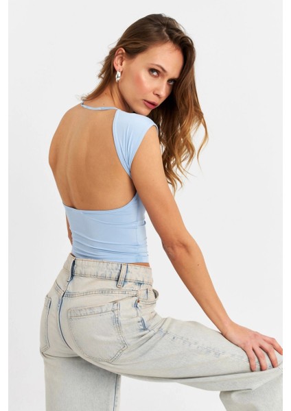Kadın Mavi Sırtı Açık Crop Bluz ZH083
