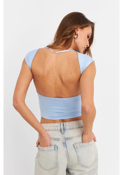 Kadın Mavi Sırtı Açık Crop Bluz ZH083 fiyatları