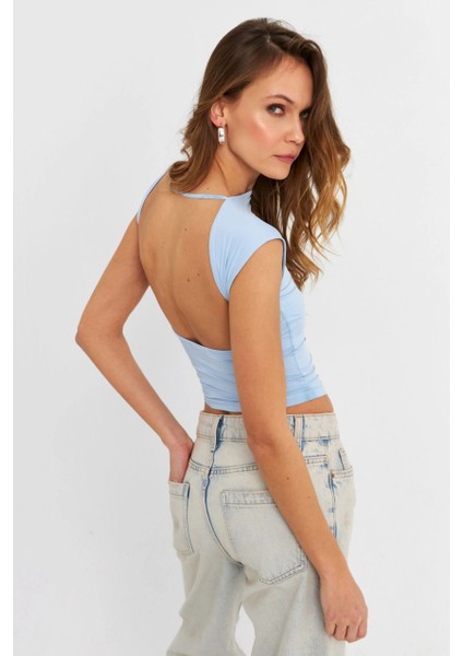 Kadın Mavi Sırtı Açık Crop Bluz ZH083 modelleri