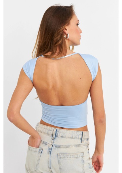 Kadın Mavi Sırtı Açık Crop Bluz ZH083 fırsatları
