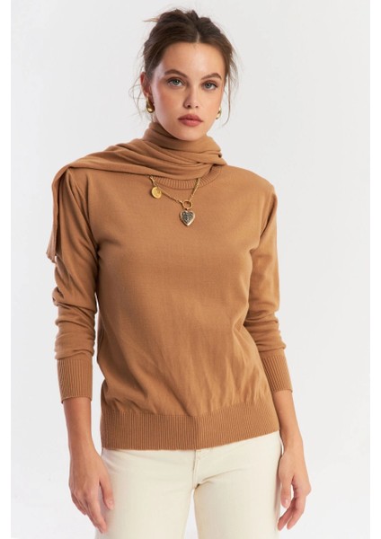 Kadın Camel Şal Aksesuarlı Triko Bluz YV286 indirimleri