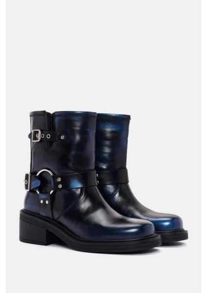 Rock Kadın Mavi Metalik Toka Detaylı Deri Bot fiyatları