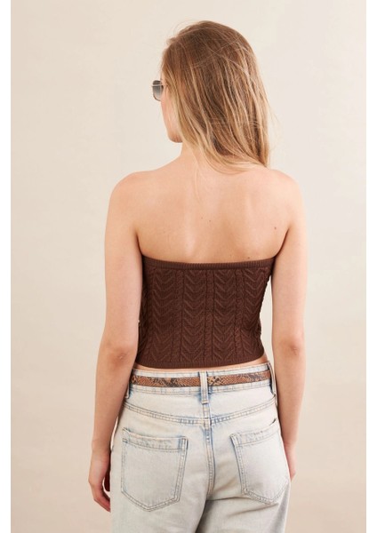 Kadın Kahverengi Straplez Triko Crop Bluz ZH049 indirimleri