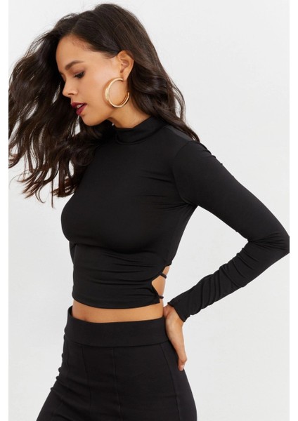Kadın Siyah Uzun Kol Crop Bluz Bisiklet Yaka Casual Kullanım için Regular Kalıp fırsatları