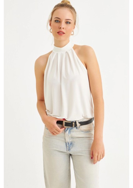 Kadın Ekru Halter Yaka Desenli Bluz LPP1273 fiyatları