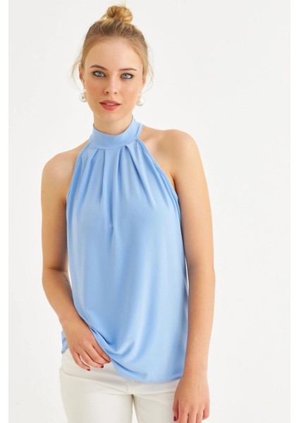 Kadın Mavi Halter Yaka Desenli Bluz LPP1273