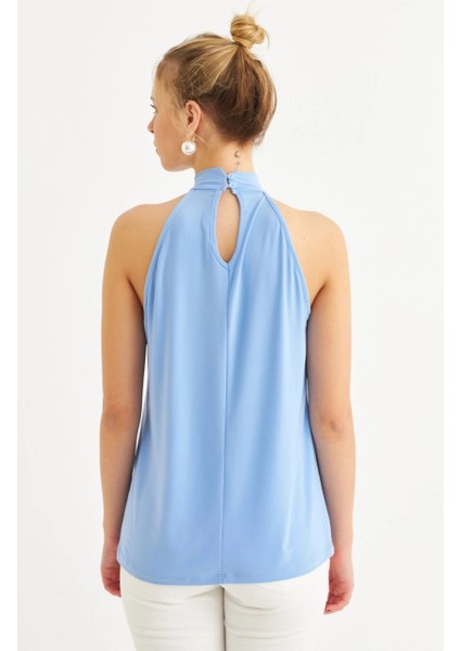 Kadın Mavi Halter Yaka Desenli Bluz LPP1273 fırsatları