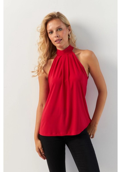 Kadın Kırmızı Halter Yaka Bluz LPP1273 modelleri