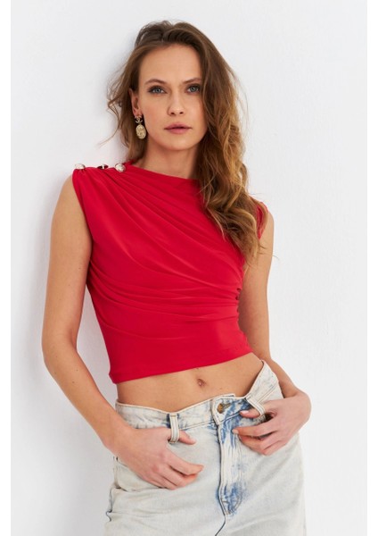 Kadın Kırmızı Düğme Detaylı Büzgülü Bluz LPP1205-1