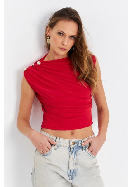 Kadın Kırmızı Düğme Detaylı Büzgülü Bluz LPP1205-1 fiyatları