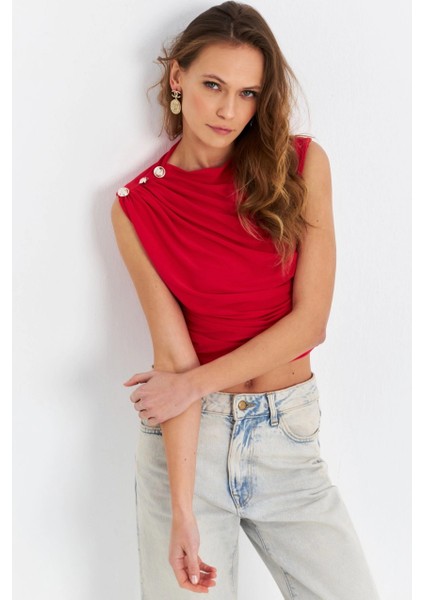 Kadın Kırmızı Düğme Detaylı Büzgülü Bluz LPP1205-1 modelleri