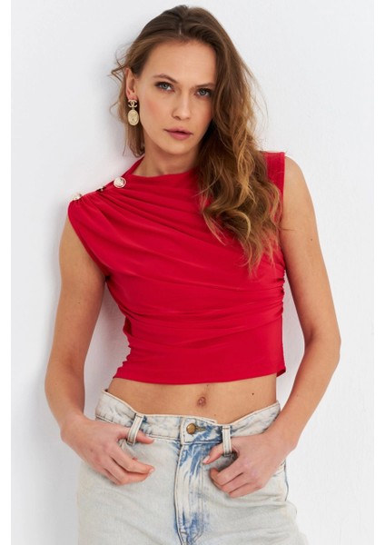 Kadın Kırmızı Düğme Detaylı Büzgülü Bluz LPP1205-1 fırsatları