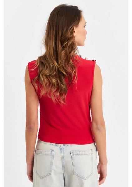 Kadın Kırmızı Düğme Detaylı Büzgülü Bluz LPP1205-1 indirimleri