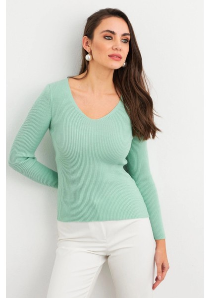 Kadın Mint V Yaka Triko Bluz YV284 modelleri