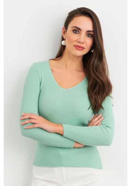 Kadın Mint V Yaka Triko Bluz YV284 fırsatları