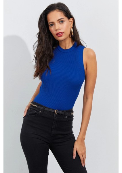 Kadın Saks Bisiklet Yaka Triko Bluz YV91 modelleri