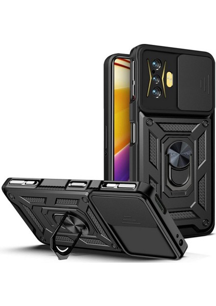 Xiaomi Redmi K50 Gaming Uyumlu Kılıf Pars Sürgülü Kamera Korumalı Yüzüklü Sert Silikon Siyah