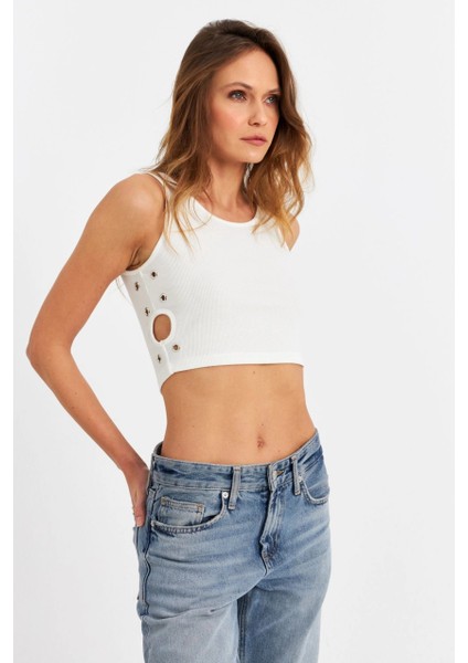 Kadın Ekru Küş Gözlü Crop Bluz ANT101