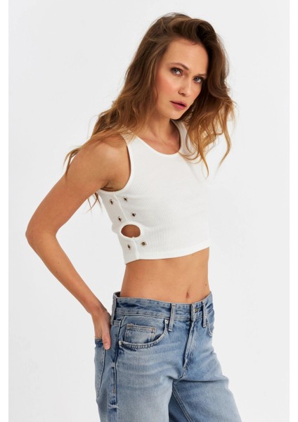 Kadın Ekru Küş Gözlü Crop Bluz ANT101 fiyatları