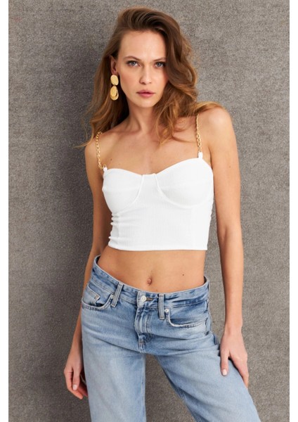 Kadın Ekru Zincir Askılı Crop Bluz LİT100 fiyatları