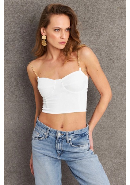 Kadın Ekru Zincir Askılı Crop Bluz LİT100 modelleri