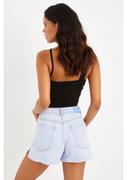 Kadın Siyah Çapraz Askı Viskon Crop Bluz B1601 modelleri