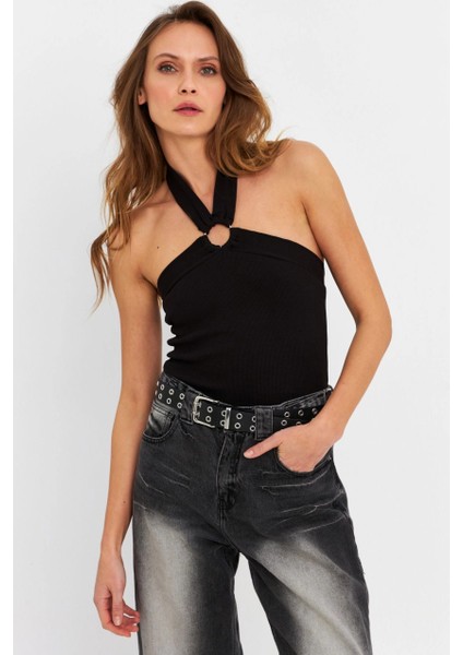 Kadın Siyah Halkalı Crop Bluz B2634-90