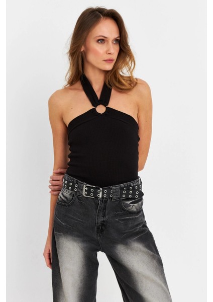 Kadın Siyah Halkalı Crop Bluz B2634-90 fiyatları