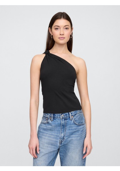 Kadın Siyah Düğümlü Tek Omuz Bluz