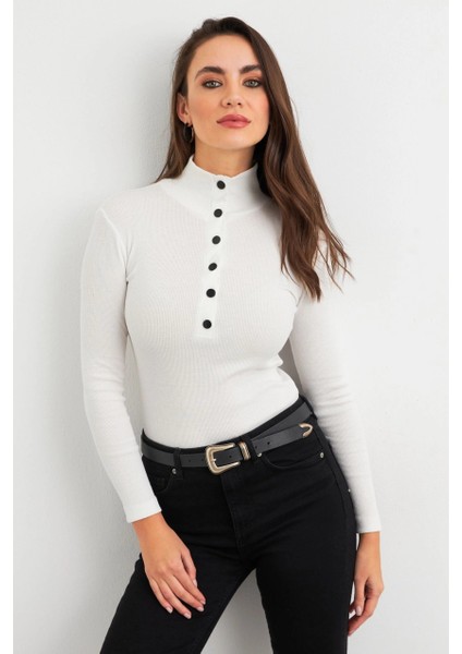 Kadın Ekru Çıtçıtlı Kaşkorse Bluz EY2983