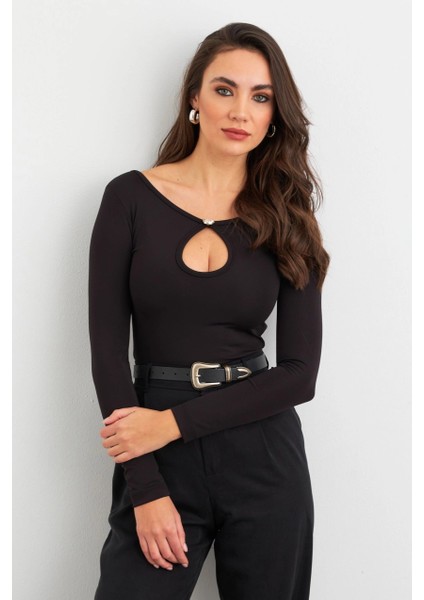 Kadın Siyah Düğme Detaylı Pencereli Bluz EY3026 fiyatları