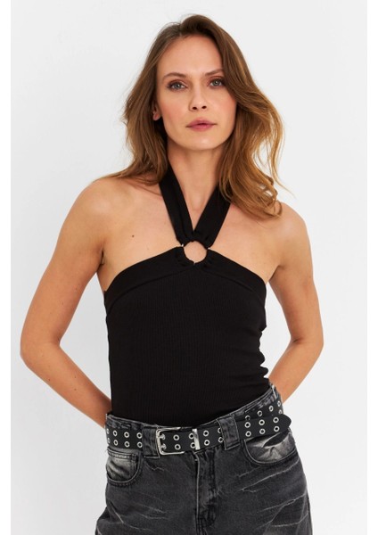 Kadın Siyah Halkalı Crop Bluz B2634-90 modelleri